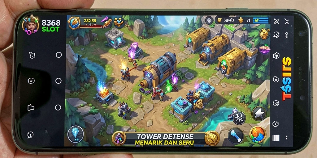 Screenshot gameplay 8368SLOT menampilkan pertarungan seru di arena Tower Defense.
