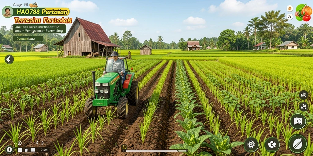 Tangkapan layar HAO788 menampilkan petak ladang yang rimbun dan hewan ternak yang lucu.