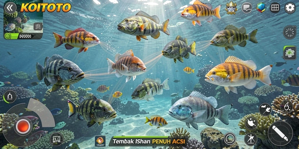 Gameplay seru KOITOTO dengan aksi tembak ikan yang menegangkan.