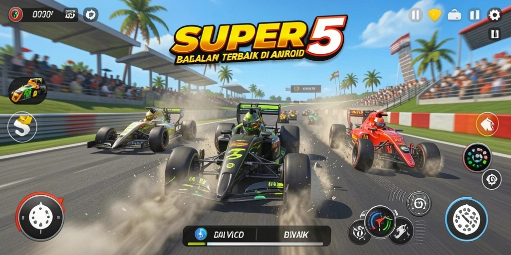 Gameplay SUPER5 dengan mobil balap yang cepat dan grafik memukau.
