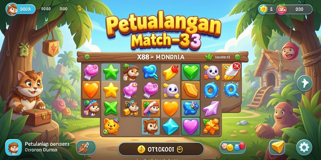 Screenshot X88 menunjukkan gameplay seru mencocokkan item di papan.